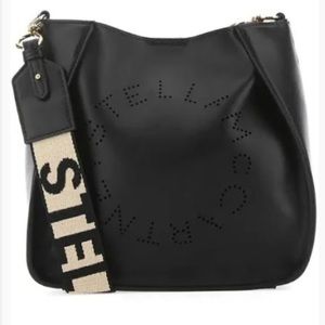 Stella McCartney Perforated Logo crossbody bag, black vegan leather.